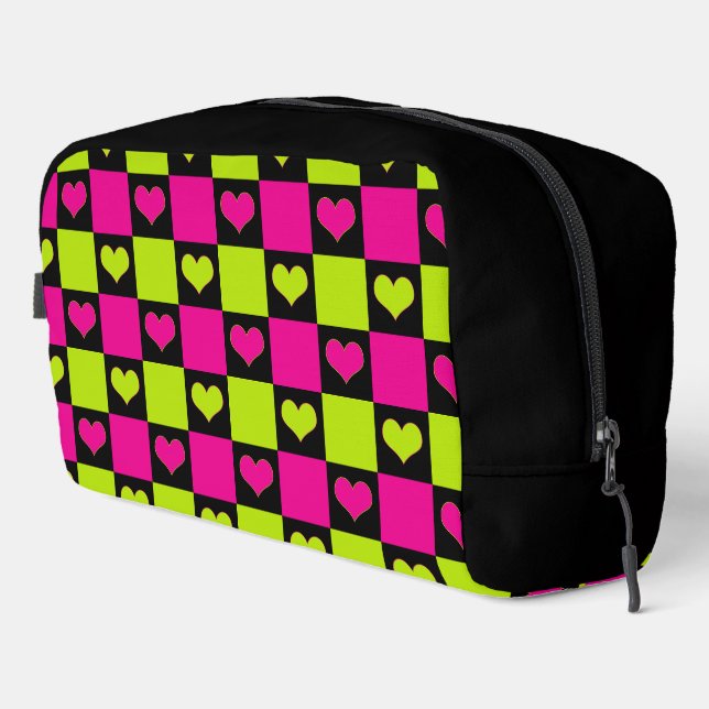 Chequerboard Hearts - Lime Green, Hot Pink & Black Dopp Kit (Right Corner)