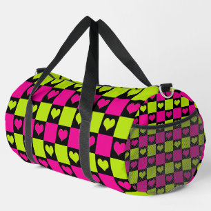 Chequerboard Hearts - Lime Green, Hot Pink & Black Duffle Bag