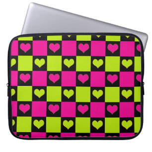 Chequerboard Hearts - Lime Green, Hot Pink & Black Laptop Sleeve