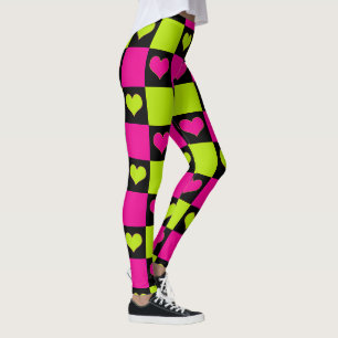 Chequerboard Hearts - Lime Green, Hot Pink & Black Leggings