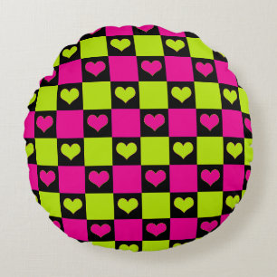 Chequerboard Hearts - Lime Green, Hot Pink & Black Round Cushion