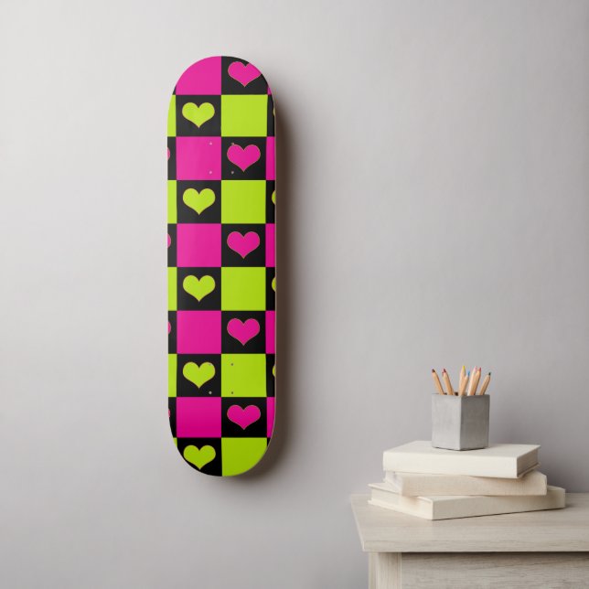 Chequerboard Hearts - Lime Green, Hot Pink & Black Skateboard (Wall Art)