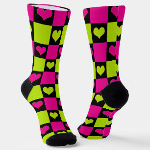 Chequerboard Hearts - Lime Green, Hot Pink & Black Socks
