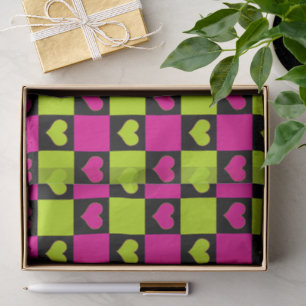 Chequerboard Hearts - Lime Green, Hot Pink & Black Tissue Paper