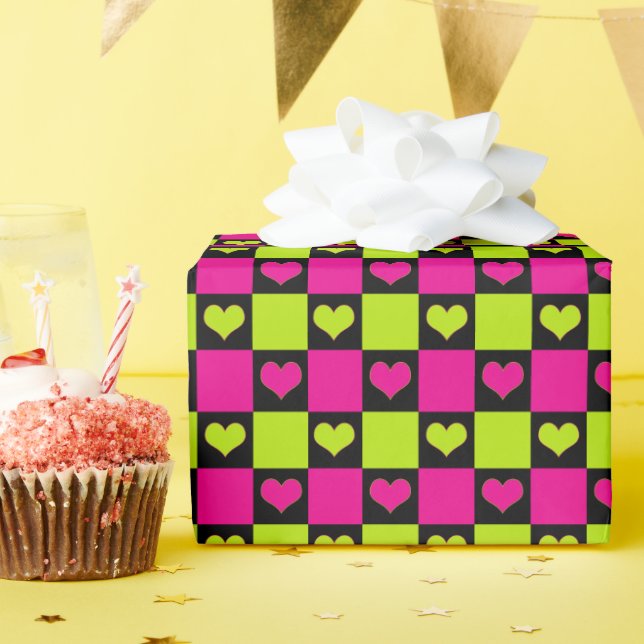Chequerboard Hearts - Lime Green, Hot Pink & Black Wrapping Paper (Birthday Party)