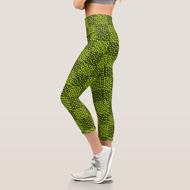 Chequerboard hearts pattern in Lime Green Capri Leggings (Left)