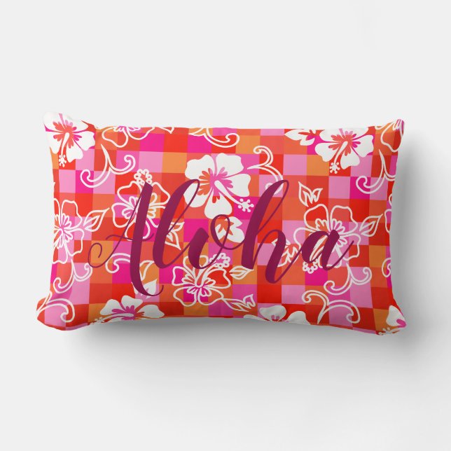 Chequerboard Hibiscus Hawaiian Floral Aloha Lumbar Cushion (Front)