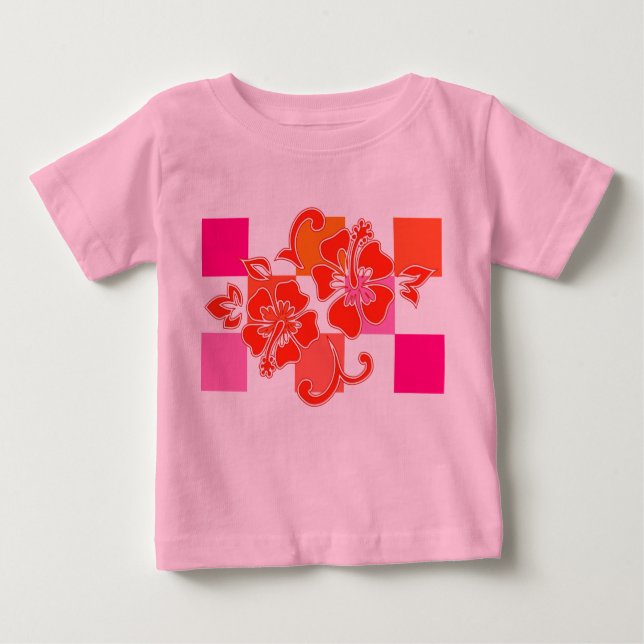 Chequerboard Hibiscus Hawaiian Floral Baby T-Shirt (Front)