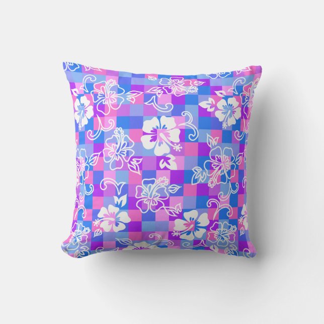 Chequerboard Hibiscus Hawaiian Floral Cushion (Front)