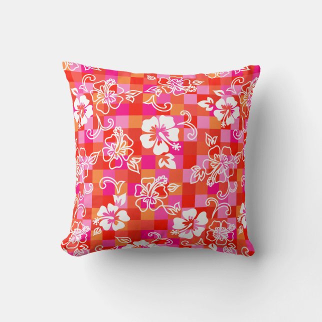 Chequerboard Hibiscus Hawaiian Floral Cushion (Front)