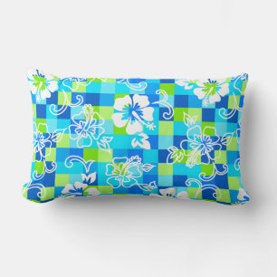 Chequerboard Hibiscus Hawaiian Floral Lumbar Cushion