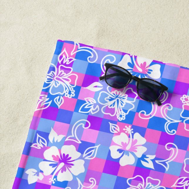 Chequerboard Hibiscus Hawaiian Floral - Periwinkle Beach Towel (In Situ)