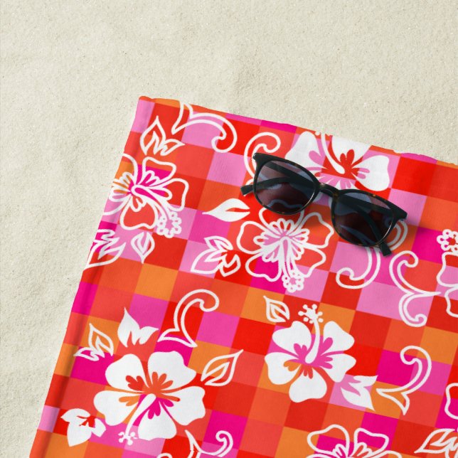 Chequerboard Hibiscus Hawaiian Floral - Red Beach Towel (In Situ)