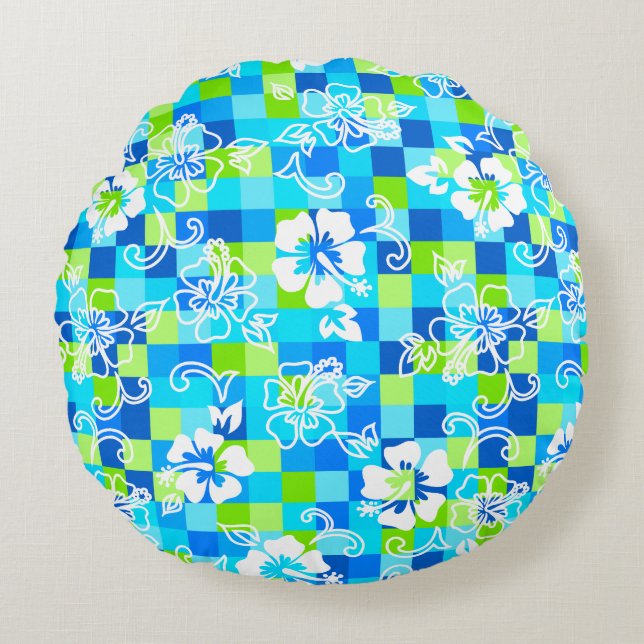 Chequerboard Hibiscus Hawaiian Floral Round Cushion (Front)