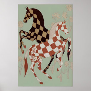 Chequerboard Horse Art Print - Vintage Floral and