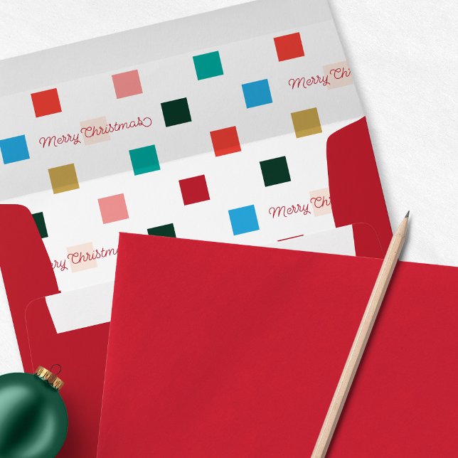 Chequerboard Merry Christmas Modern Envelope (Red envelope with colorful mini checkerboard Merry Christmas liner)