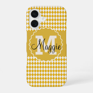 Chequerboard Mustard and Cream with Name Monogram iPhone 16 Case