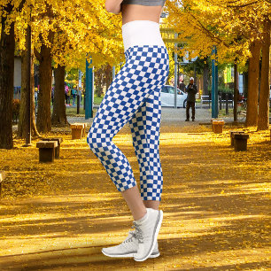 Chequerboard Navy Blue White Capri Leggings