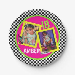 Chequerboard Neon 80's 90's Hip Hop Birthday Photo Paper Plate