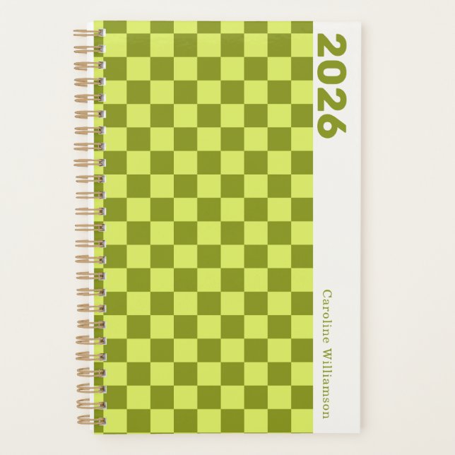 Chequerboard Olive Green Lime Personalised Name Planner (Front)