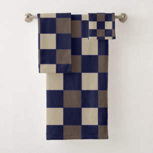 Chequerboard Pattern Dark Blue Brown Checks Bath Towel Set
