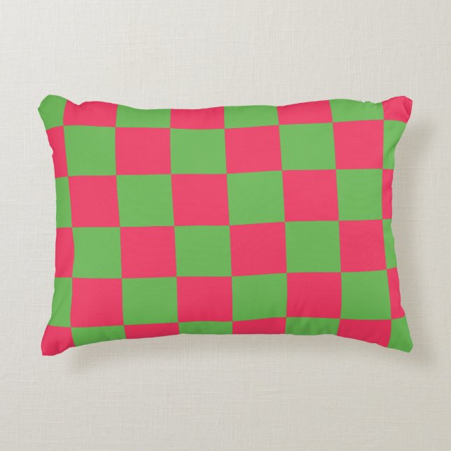 chequerboard pattern green and pink colours decorative cushion (Front)