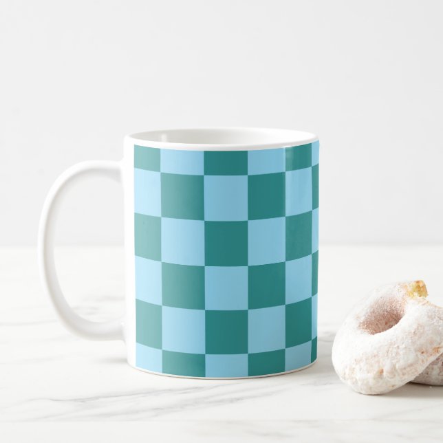 Chequerboard Pattern Green & Blue Coffee Mug (With Donut)