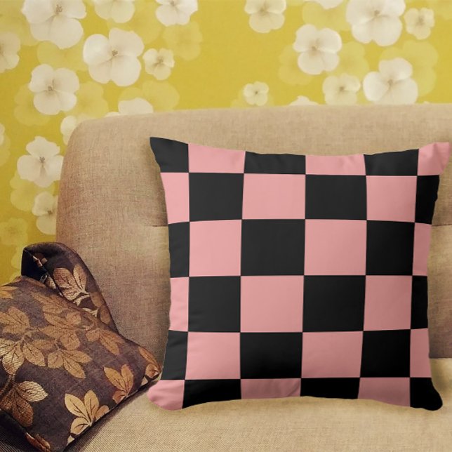 Chequerboard Pattern Retro Pink and Black Cushion (A pretty throw pillow with a pink and black checkerboard pattern)