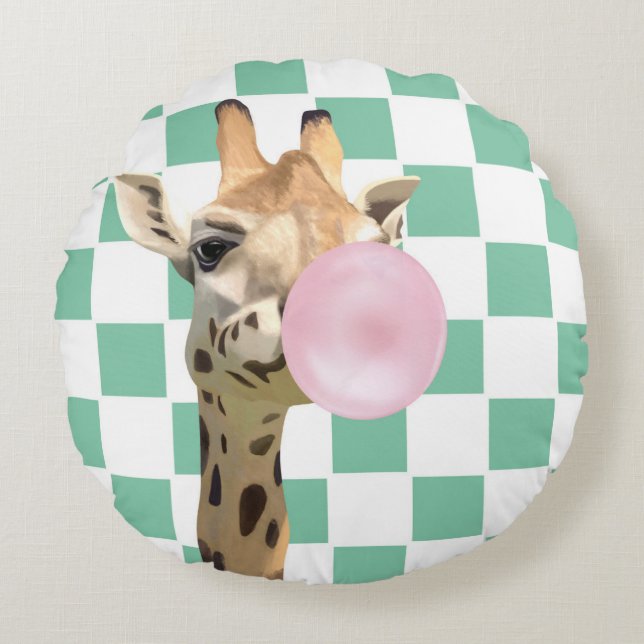 Chequerboard Pink Bubblegum Blowing Giraffe  Round Cushion (Front)