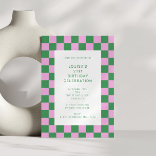 Chequerboard Pink Green Geometric 21st Birthday Invitation