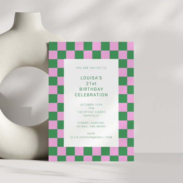 Chequerboard Pink Green Geometric 21st Birthday Invitation (Creator Uploaded)