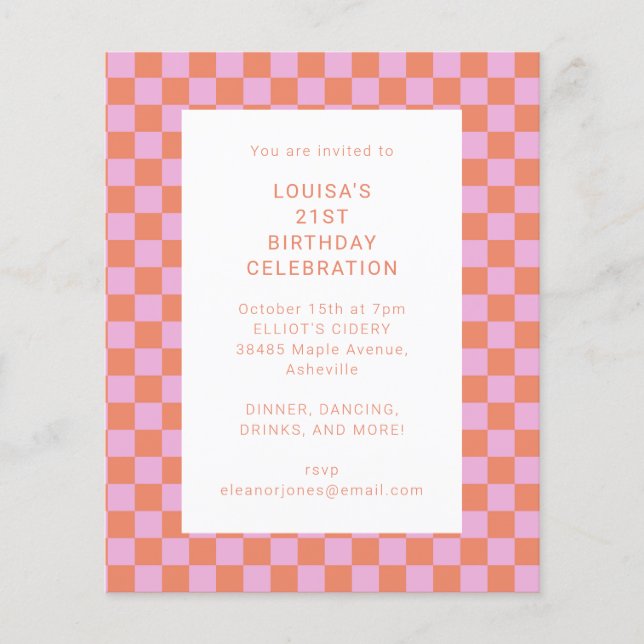 Chequerboard Pink Orange Geometric Birthday Invite (Front)