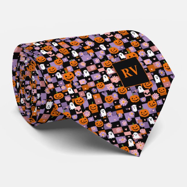 Chequerboard Pumpkin Party Halloween Monogrammed Tie (Rolled)