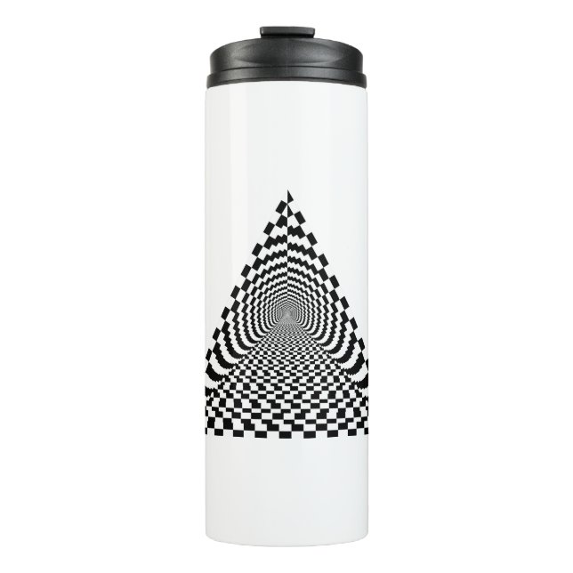 Chequerboard Pyramid Space Black and White Thermal Tumbler (Front)