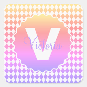 Chequerboard Rainbow Colour with Monogram Name Square Sticker