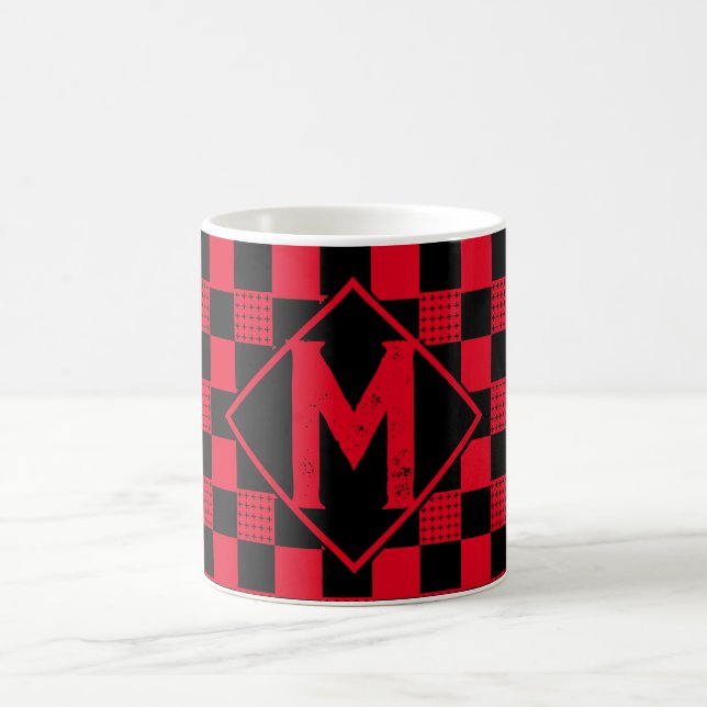 Chequerboard red & black buffalo plaid Monogram  Coffee Mug (Center)