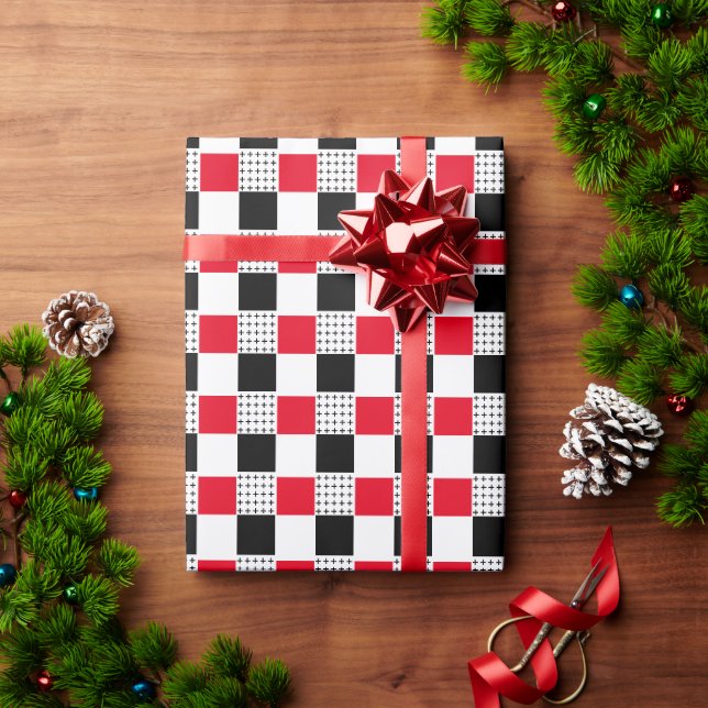 Chequerboard red & black & white buffalo plaid wrapping paper (Holiday Gift)