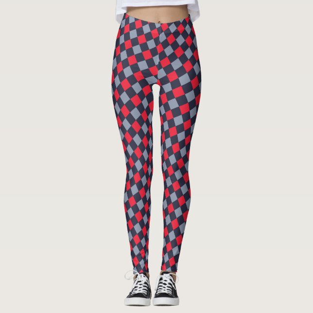 Chequerboard Red Blue Minimal Pattern Leggings (Front)