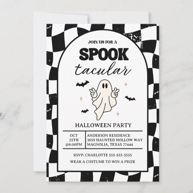 Chequerboard Retro Spooktacular Halloween Invitation (Front)