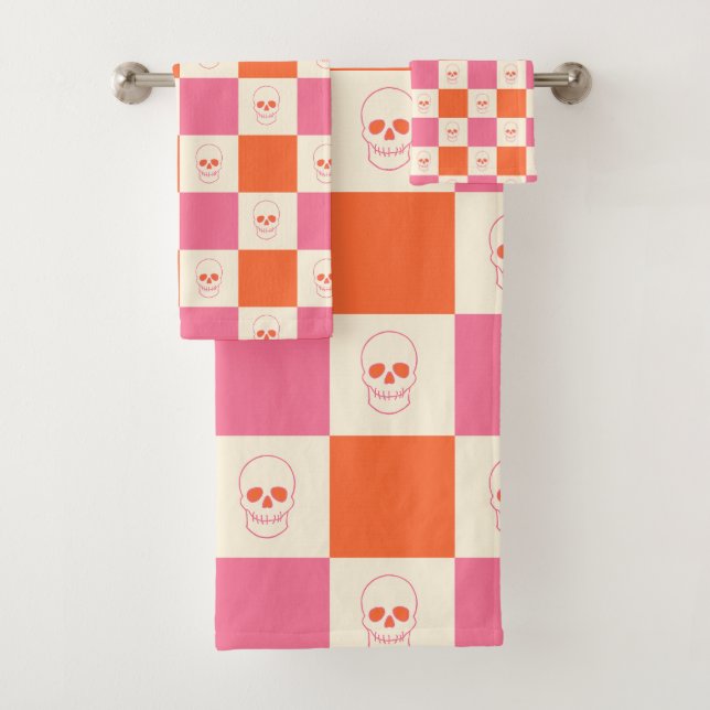 Chequerboard Skulls in Pink, Orange, & Cream Bath Towel Set (Insitu)