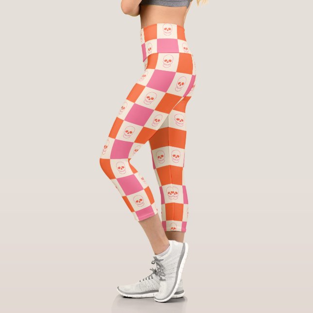 Chequerboard Skulls in Pink, Orange, & Cream Capri Leggings (Left)