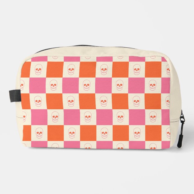 Chequerboard Skulls in Pink, Orange, & Cream Dopp Kit (Front)