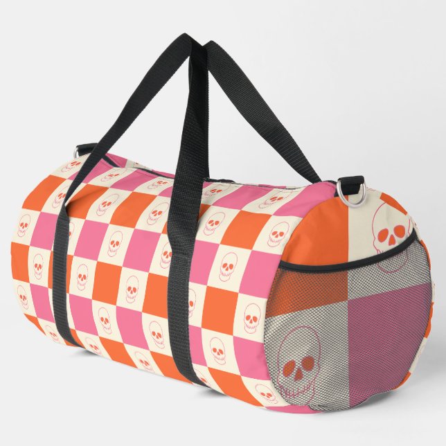 Chequerboard Skulls in Pink, Orange, & Cream Duffle Bag (Right Corner)