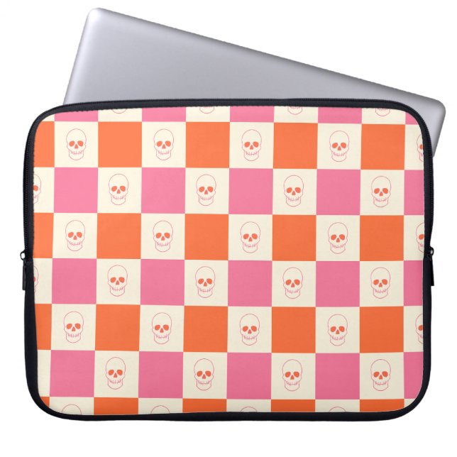 Chequerboard Skulls in Pink, Orange, & Cream Laptop Sleeve (Front)
