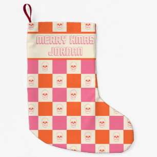 Chequerboard Skulls in Pink, Orange, & Cream Small Christmas Stocking