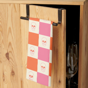 Chequerboard Skulls in Pink, Orange, & Cream Tea Towel