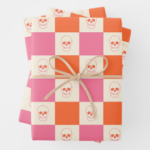 Chequerboard Skulls in Pink, Orange, & Cream Wrapping Paper Sheet