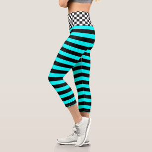 Chequerboard Striped Black and Aqua Design Capri Leggings