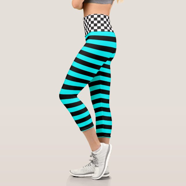 Chequerboard Striped Black and Aqua Design Capri Leggings (Left)