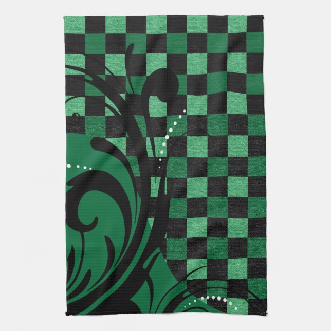 Chequerboard Swirl Pattern | Green and Black Tea Towel (Vertical)